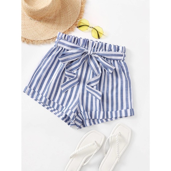 Boho Rolled Hem Self Belted paper bag Striped Shorts green white preppy - Picture 5 of 6